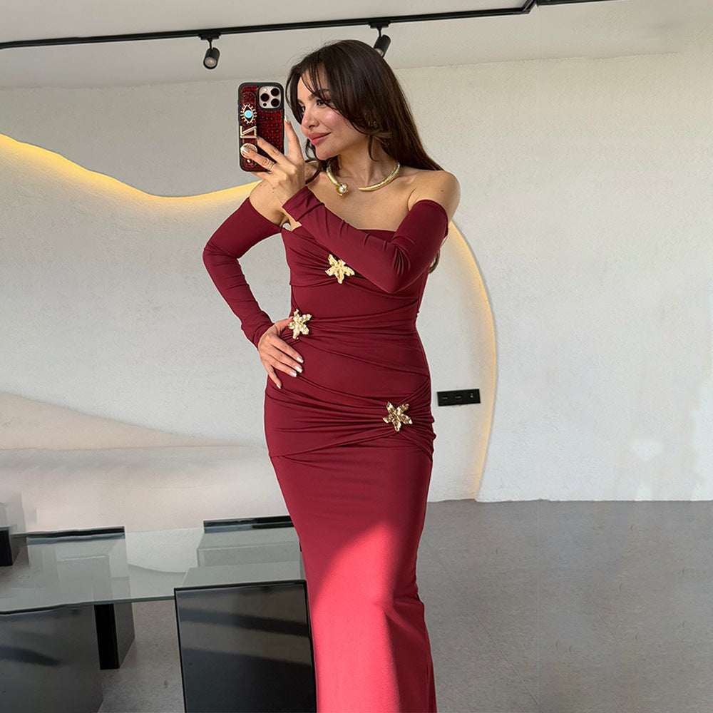 Pleated Long Sleeved Women Dress Fashionable Sexy Sheath Slim Fit Dress Bella Mia